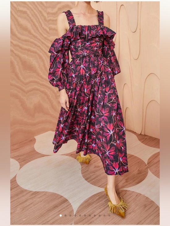 Ulla Johnson Dresses & Skirts - Ulla Johnson Cold Shoulder Floral Dress Pink Black Ruffle Sleeve Long Sleeve